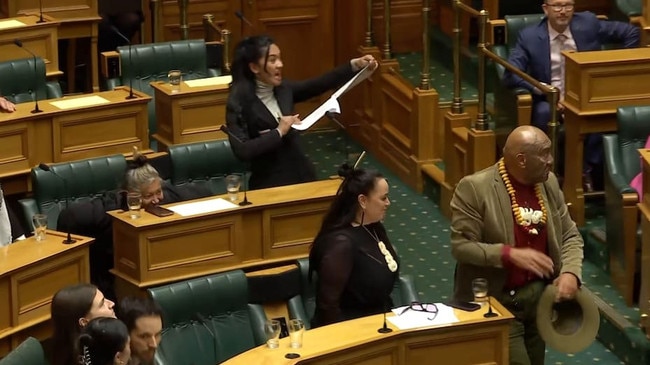 The Maori Party MPs rip up the Treaties Bill and perform a protest haka in NZ parliament's chamber.