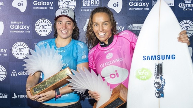 Tyler Wright after winning the Oi Rio Pro with runner-up Sally Fitzgibbons.