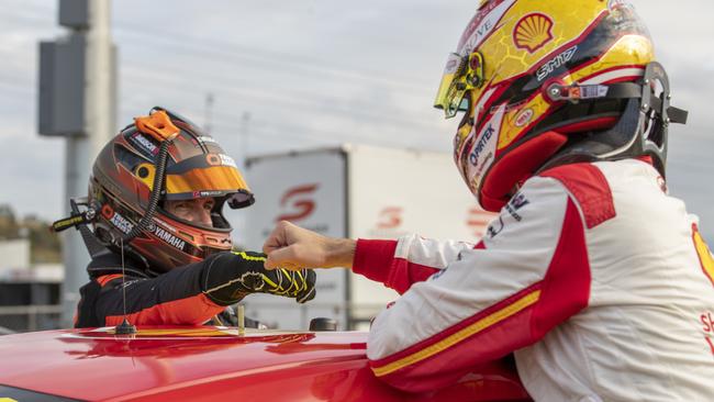 Supercars Champion Scott McLaughlin celebrates winning race 3 in Sydney last month.