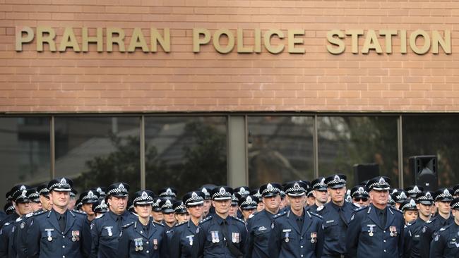 A 2017 Victoria Police commemoration for the lives of Sergeant Gary Silk and Senior Constable Rodney Miller. Picture: Alex Coppel