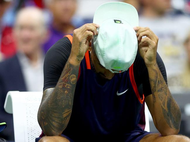 NEW YORK, NEW YORK - SEPTEMBER 06: Nick Kyrgios of Australia reacts during a break in play against Karen Khachanov during their Menâs Singles Quarterfinal match on Day Nine of the 2022 US Open at USTA Billie Jean King National Tennis Center on September 06, 2022 in the Flushing neighborhood of the Queens borough of New York City.   Elsa/Getty Images/AFP