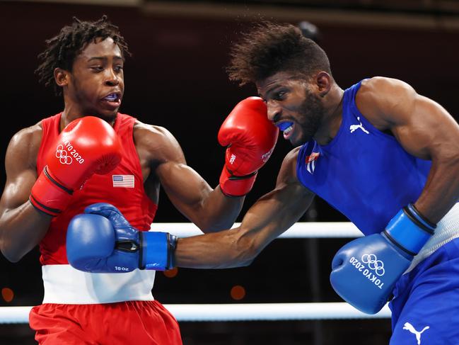 Keyshawn Davis lands a punch on Andy Cruz in the lightweight final. Picture: Getty Images