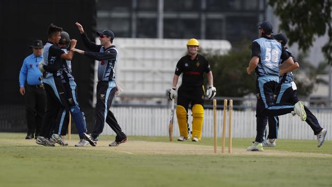 Zanden Jeh celebrates taking the wicket of Brendan Smith of Wests in the Premier grade T20 final at the Allan Border Field. (AAP Image/ Regi Varghese)