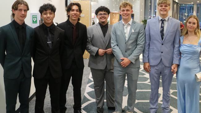 Macklin Walton, Zeke Marr, Beau Liddicoat, Maaki Woodford, Alby Everett, Max Grover and Erin Debrincat at the Maroochydore State High School 2024 formal.