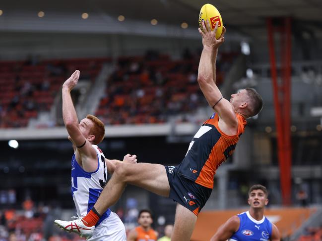 Hogan’s vice-like hands were on display against the Kangaroos. Picture: Phil Hillyard