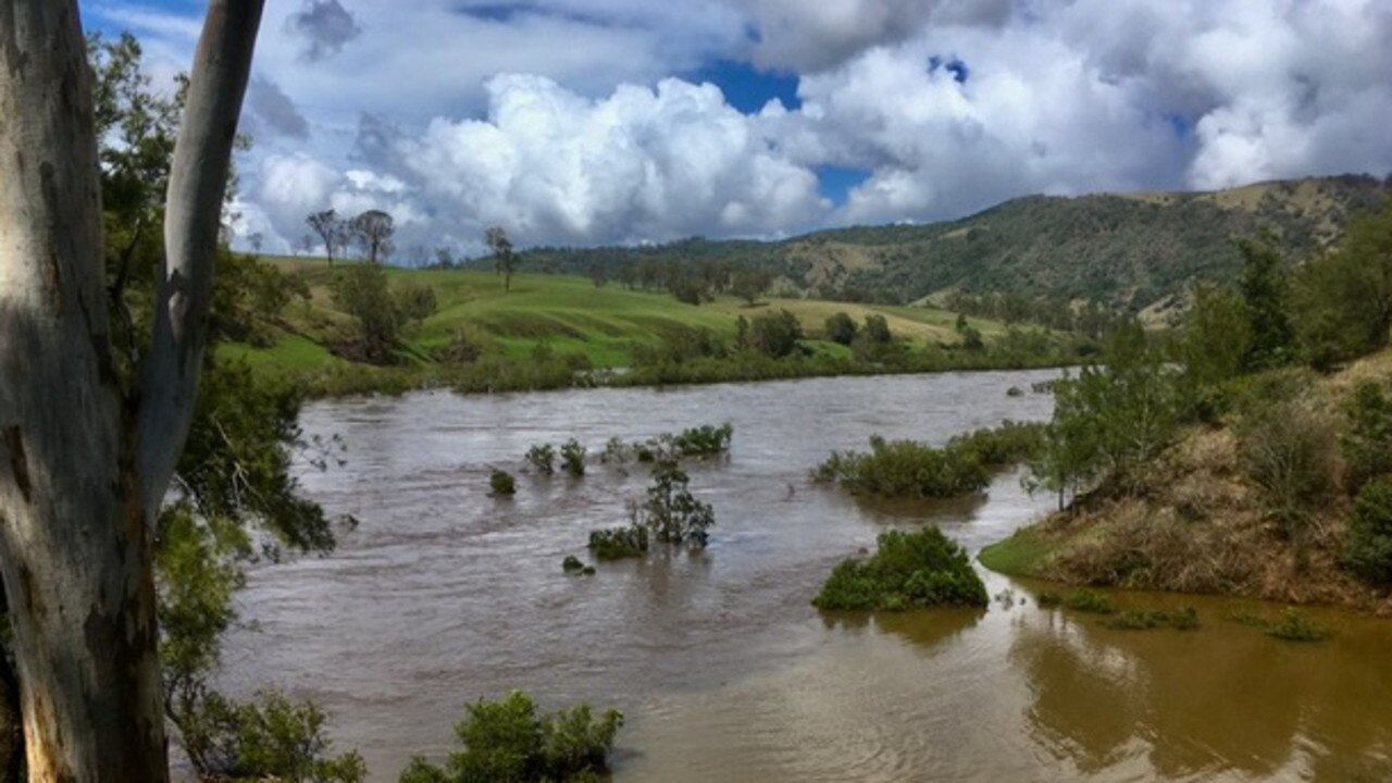 The swollen Mann River at its junction with the Clarence River and Coombadjha Creek.