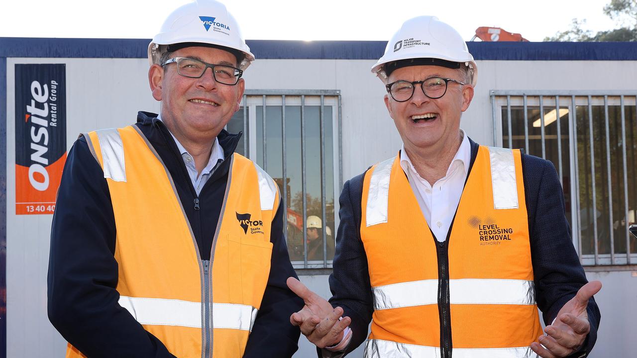 Anthony Albanese with Premier Daniel Andrews at a level crossing removal construction site in Melbourne. Picture: Sam Ruttyn