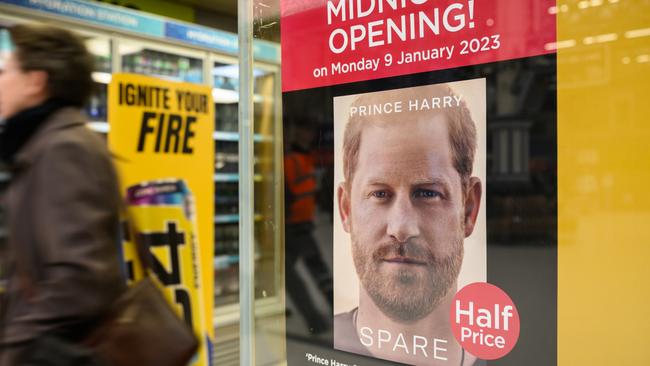 LONDON, ENGLAND - JANUARY 06: A poster advertising the launch of Prince Harry's memoir "Spare" is seen in a store window on January 06, 2023 in London, England. The book is scheduled to officially go on sale on January 10, but journalists have already obtained leaked excerpts or copies that accidentally went on sale early in Spain. (Photo by Leon Neal/Getty Images)