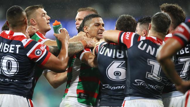 The fight escalates as Walker scuffles with Roosters star Luke Keary. Picture: AAP