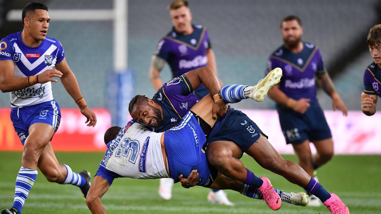 Justin Olam leads the Storm for tackle breaks and will target Cleary when running the ball. Picture: NRL Photos.