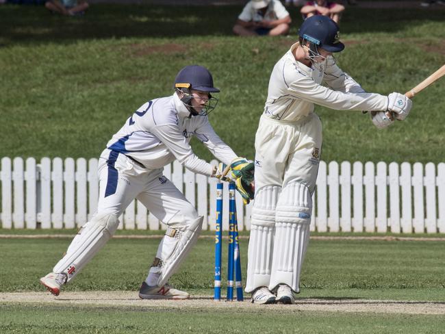 TGS batsman Morgan Galvin given out due to being bowled from this delivery by TSS bowler Jack Sinfield. TSS keeper Judd Markham pictured at left. GPS cricket, Toowoomba Grammar vs The Southport School. Saturday, 29th Feb, 2020.