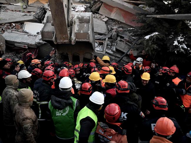 Rescuers lead a rescue operation to save 24-year-old Melisa Ulku from the rubble of a collapsed building at Elbistan district of Kahramanmaras. Picture: AFP