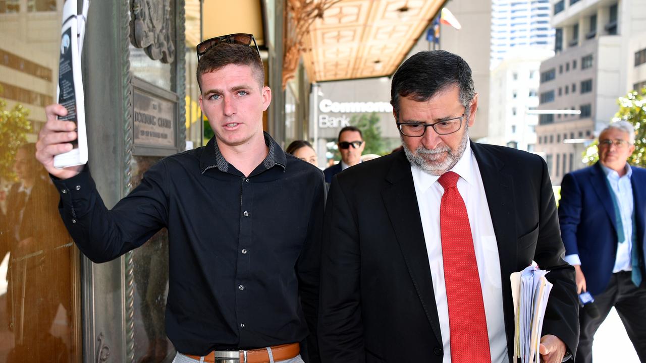 Jacob Fuller (left) leaves the Downing Centre Local Court in Sydney with lawyer Sam Macedone. Picture: Joel Carrett/AAP