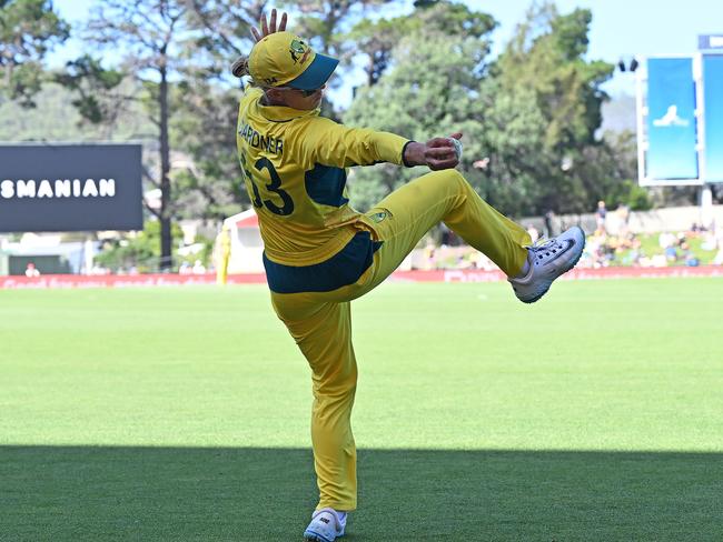 HOBART, AUSTRALIA - JANUARY 17: Ashleigh Gardner of Australia takes the catch to dismiss Sophie Ecclestone of England during game three of the Women's Ashes ODI series between Australia and England at Bellerive Oval on January 17, 2025 in Hobart, Australia. (Photo by Steve Bell/Getty Images)