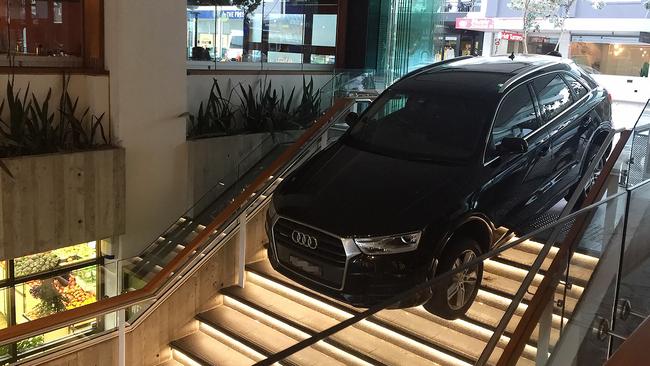 The black Audi leapt the curb and entered the shopping precinct on Hall Street, in Bondi Beach. Picture: AAP