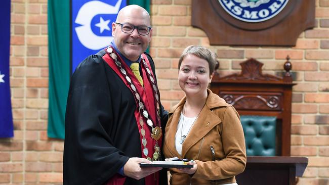 Lismore mayor Steve Krieg presents citizen certificate to Daria Easton at council chambers in Goonellabah.