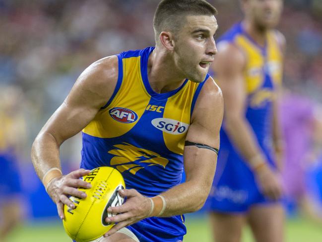 West Coast's Elliot Yeo during the Round 1 AFL match between the West Coast Eagles and the Sydney Swans at Optus Stadium in Perth, Sunday, March 25, 2018. (AAP Image/Travis Anderson) NO ARCHIVING, EDITORIAL USE ONLY