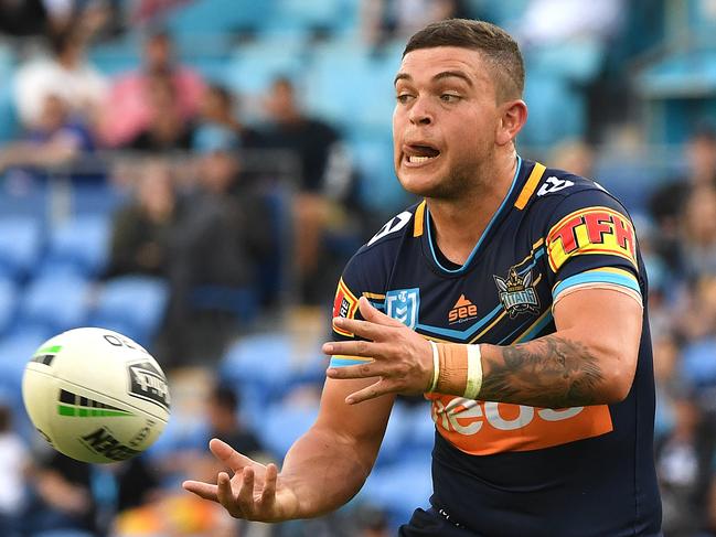 Ashley Taylor  of the Titans during the Round 10 NRL match between the Gold Coast Titans and the Canterbury Bulldogs at CBUS Super Stadium on the Gold Coast, Saturday, May 18, 2019. (AAP Image/Dave Hunt) NO ARCHIVING, EDITORIAL USE ONLY