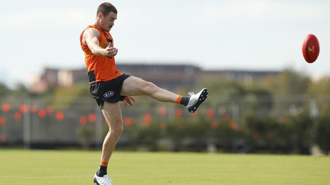 Giants forward Jeremy Cameron kicks during a GWS training session at Tom Wills Oval on Monday. Picture: Getty Images