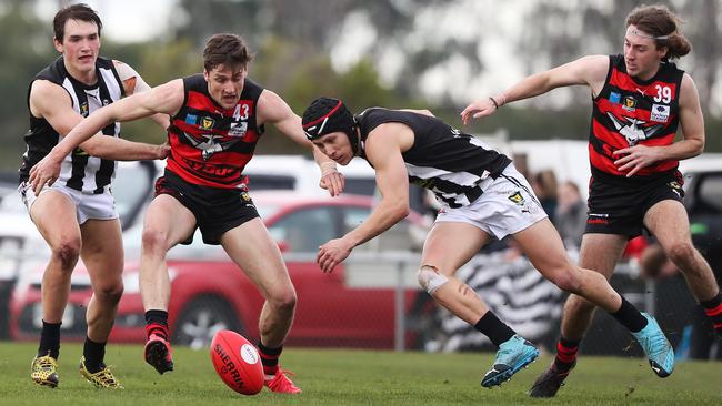 Glenorchy’s Ryan Banks-Smith (right) battled with Lauderdale’s Josh McGuinness Lauderdale on the weekend. Picture: NIKKI DAVIS-JONES