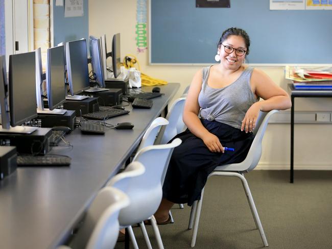 Young teacher graduate Jackie Reyes at Mueller College – 10,000 educators like her are needed within 5-10 years if the state is to ward off a crisis. Picture: Jamie Hanson