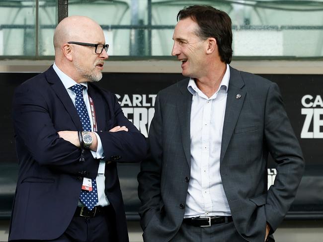 Long time AFL bigwig Brian Walsh pictured with CEO Andrew Dillon at the MCG. Picture: Michael Willson/AFL Photos via Getty Images