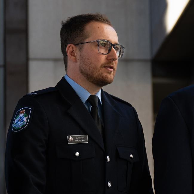 Constable Randall Kirk leaving the Brisbane Coroners Court after giving evidence. Picture: Dan Peled