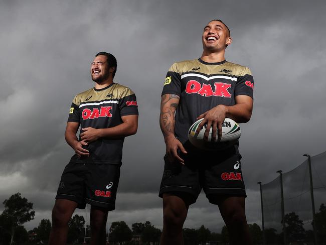 Penrith centres Peta Hiku and Dean Whare share a joke at Panthers Academy. Picture: Brett Costello