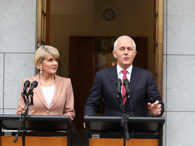 Malcolm Turnbull and Julie Bishop announce that the party room has confirmed their leadership. Picture Kym Smith.