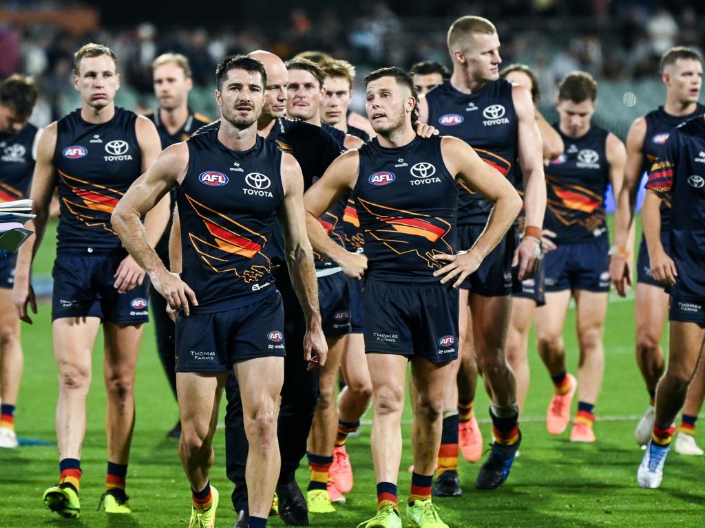 Crows players leave the ground after their loss to Geelong. Picture: Getty Images