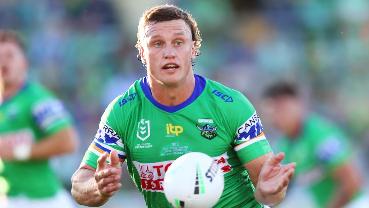 CANBERRA, AUSTRALIA - MARCH 11: Jack Wighton of the Raiders passes during the round one NRL match between the Canberra Raiders and the Cronulla Sharks at GIO Stadium, on March 11, 2022, in Canberra, Australia. (Photo by Mark Nolan/Getty Images)