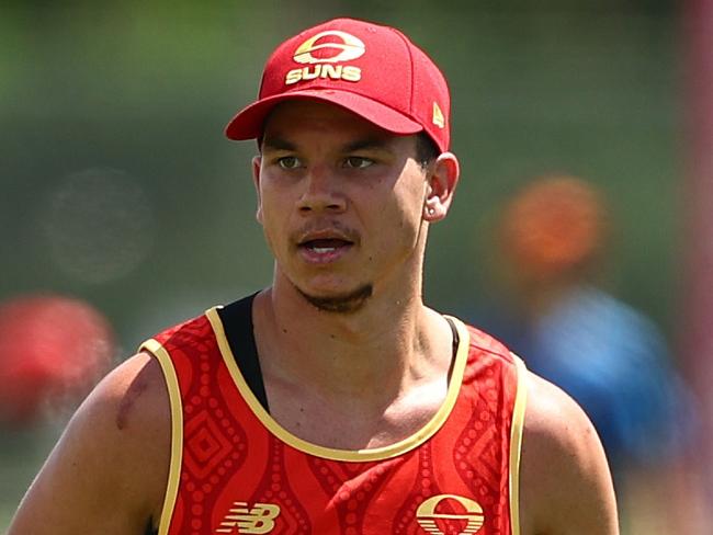 GOLD COAST, AUSTRALIA - NOVEMBER 25: Daniel Rioli during a Gold Coast Suns AFL training session at Austworld Centre Oval on November 25, 2024 in Gold Coast, Australia. (Photo by Chris Hyde/Getty Images)