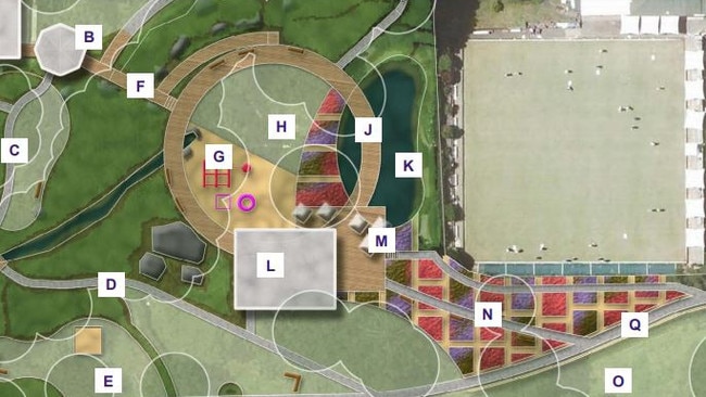 A map of the area included in the proposed Ivanhoe Park Masterplan and Plan of Management includes a wetland pond (K), circular boardwalk (J) and a sun lawn (O). Picture: Northern Beaches Council