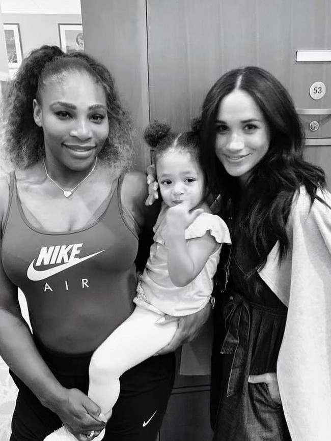 Serena Williams with her daughter and Meghan Markle.