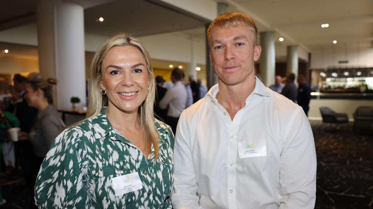 Katie Dalton and Jamed Brown at the Gold Coast Central Chamber of Commerce Economic Health Check Breakfast 2024 at Mantra on View Surfers Paradise for Gold Coast at Large. Picture: Portia Large