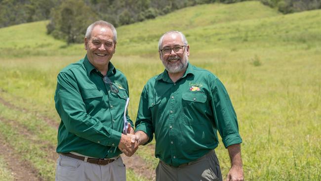 Lockyer Valley Foods has announced the purchase of a 55ha property in Withcott which will be the site of a $400 million food processing and cannery factory. Lockyer Valley Foods CEO Colin Dorber and Lockyer Valley Fruit and Vegetable Cooperative director Andy Moore. Picture: Christine Schindler