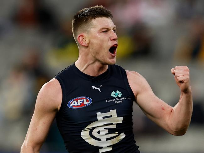 MELBOURNE, AUSTRALIA – JUNE 30: Sam Walsh of the Blues celebrates a goal during the 2024 AFL Round 16 match between the Richmond Tigers and the Carlton Blues at The Melbourne Cricket Ground on June 30, 2024 in Melbourne, Australia. (Photo by Michael Willson/AFL Photos via Getty Images)