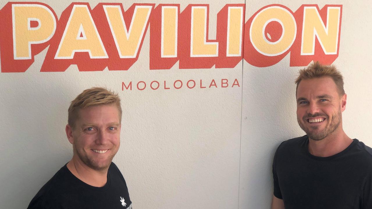 Developer and real estate director Craig Morrison and Good Bean Franchising CEO Shane Hepburn have joined forces to open their new Mediterranean inspired bar and restaurant, Pavilion Mooloolaba. Picture: Laura Pettigrew.