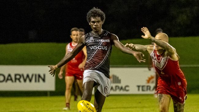 Tiwi Bombers young gun Karlson Kantilla in action during the 2023/24 NTFL season. Picture: David Bradley