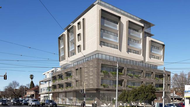 An artist's impression of a proposed eight-storey apartment complex on the site of St Kilda's Greyhound Hotel.