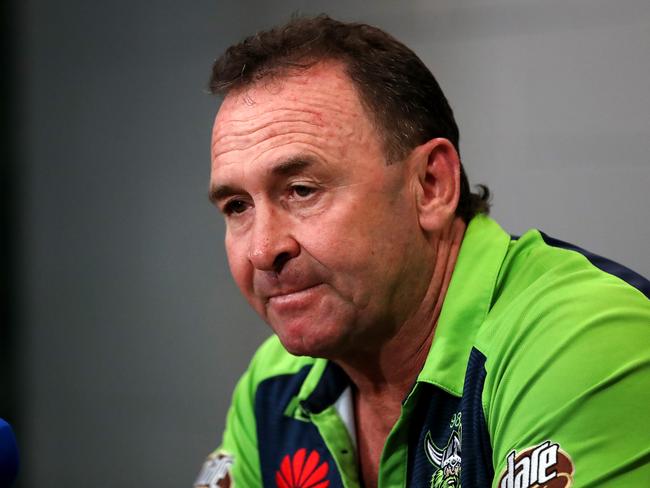 BRISBANE, AUSTRALIA - OCTOBER 16: Raiders Coach Ricky Stuart speaks to the media after the NRL Preliminary Final match between the Melbourne Storm and the Canberra Raiders at Suncorp Stadium on October 16, 2020 in Brisbane, Australia. (Photo by Jono Searle/Getty Images)