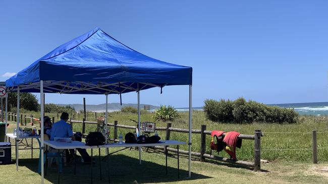 Police, surf life savers and other agencies at Lennox Head where they were searching for a missing 19-year-old man who was caught in a rip while swimming on December 17, 2021, at about 6pm.