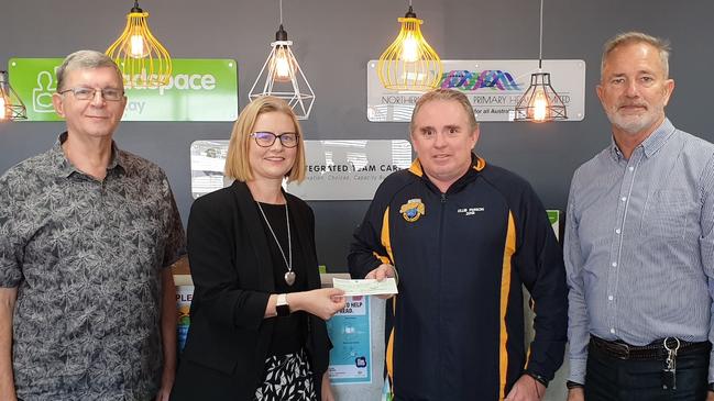 The Mackay Community Foundation gifted $10,000 to headspace Mackay for their "Headspace Connections" program to be delivered to Years 7 to 12 students across Mackay. Pictured (from left): headspace Mackay's Jason Pelcher, MCF chair Frances Easton, headspace Mackay's Shane Sturdy and MCF board member Nick Bennett. Picture: Mackay Community Foundation.