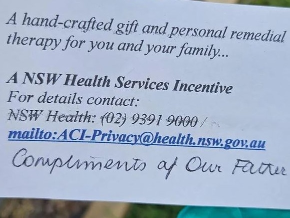 A warning has been issued over ‘gifts" being placed in mailboxes claiming to be from NSW Health. Picture: Supplied