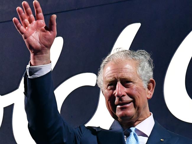 Prince Charles waves during the Opening Ceremony of the XXI Commonwealth Games at Carrara Stadium. Picture: AAP/Darren England