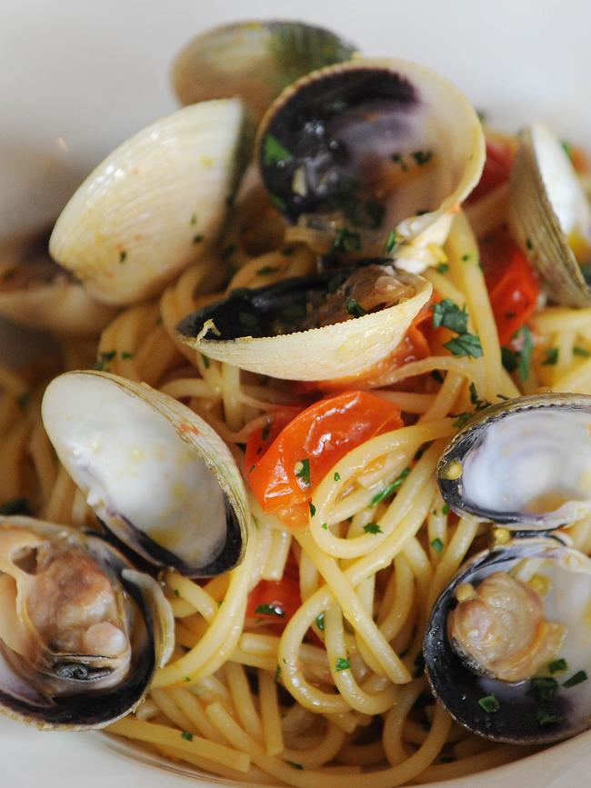 Osteria Riva’s spaghetti alle vongole — Spaghetti with fresh clams, garlic, parsley and cherry tomatoes. Picture: Simon Bullard