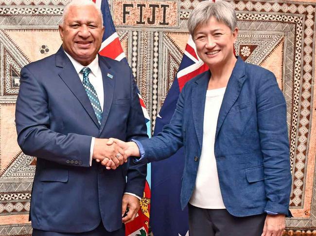 Fiji Prime Minister Frank Bainimarama says it was "wonderful" to meet with Foreign Affairs Minister Penny Wong, following her trip to the South Pacific island on May 27, 2022, to discuss Australia's commitment to the Vuvale Partnership.. Picture: Twitter