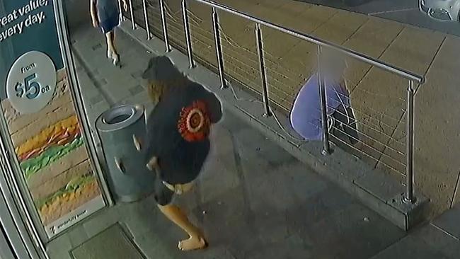 CCTV footage captures Mavin returning to the shop and kicking over a bin at the front. Picture: supplied