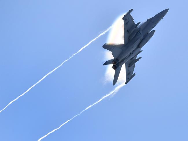 An RAAF EA-18G Growler in action during rehearsals for Riverfire in Brisbane on September 28. Picture: AAP Image/Darren England.