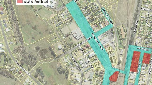 Council documents reveal the streets that will be impacted by the ban in Junee, with blue representing ‘alcohol free’ and red representing ‘alcohol prohibited’. Picture: Supplied